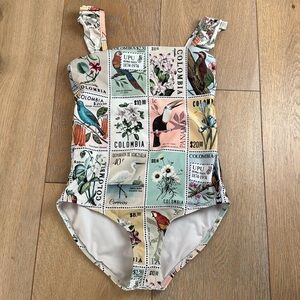 Agua Bendita one piece swimsuit, beautiful stamp pattern, girls size 8 EUC